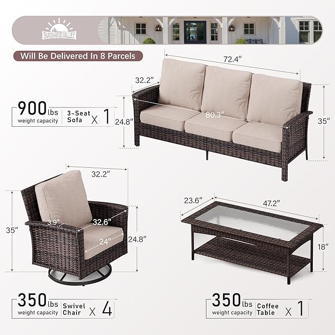 SUNSHINE VALLEY 6 Pieces Patio Furniture Set with Swivel Chairs, High Back Wicker Rattan Sofa with Extra Thick Cushion and Coffee Table, Outdoor Conversation Set for Garden Backyard Deck,Beige