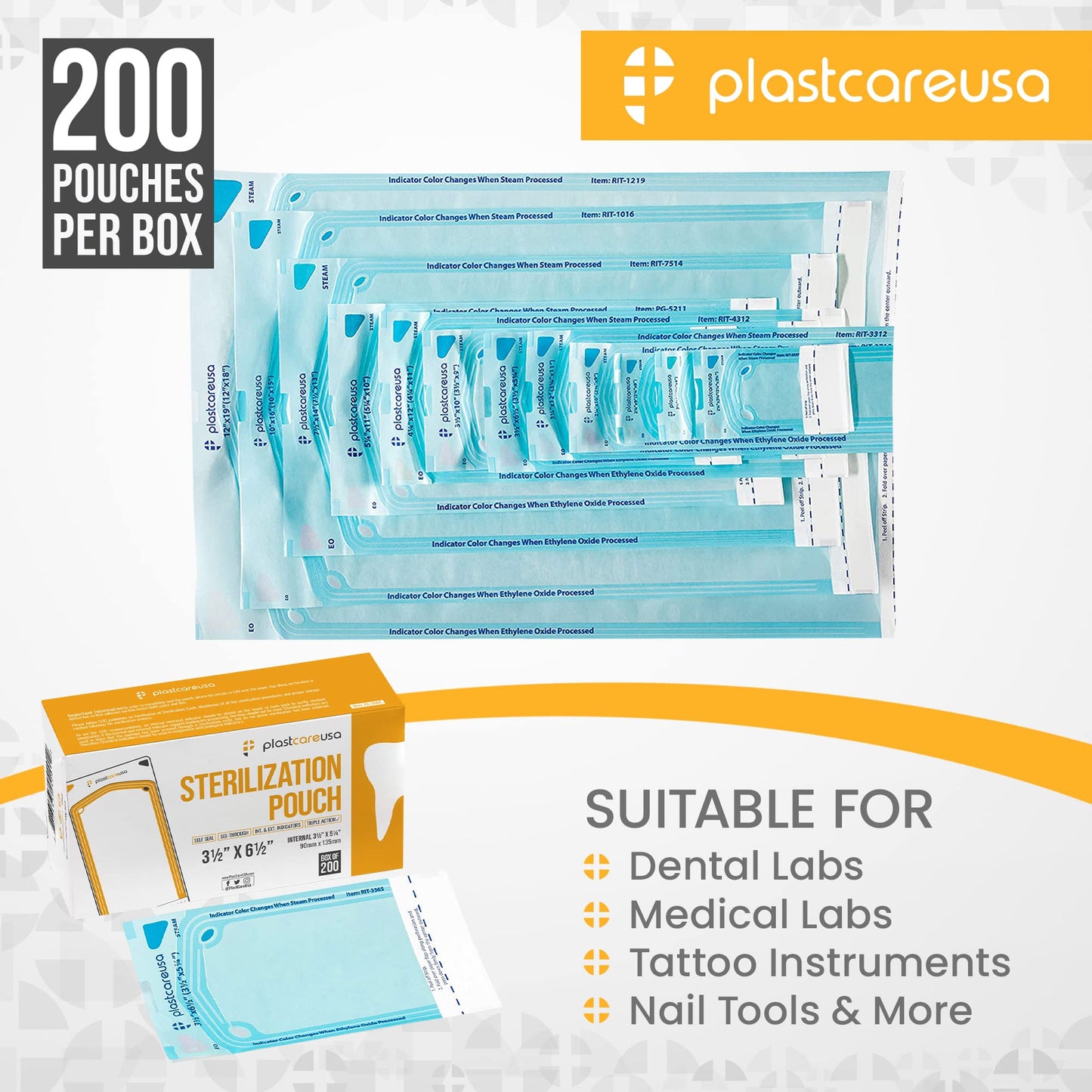 200 3.5 X 5.25 Self Sealing Sterilization Pouches - Autoclave Sterilizer Bags Pouch for Sterilizing Dental Medical Instruments & Cleaning Tools - Latex-Free, Color Changin Indicator by PlastCare USA
