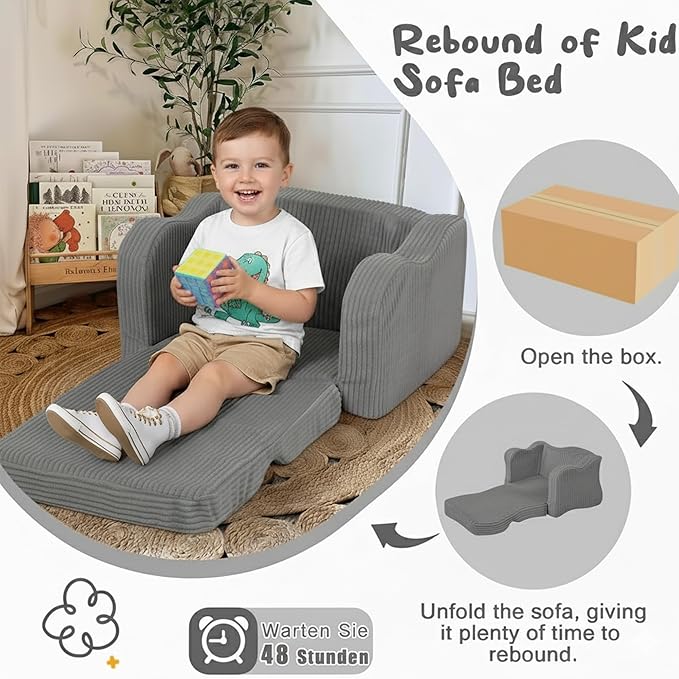 MeMoreCool Toddler Chair Comfy for 1-3 Years Old, Corduroy Kids Couch Bed Fold Out, 2-in-1 Foldable Baby Lounge Chair, Pull Out Children Sofa Bed, Light Grey