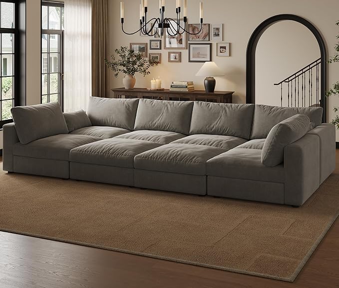 Cloud Modular Sectional Sleeper Sofa with Storage Ottoman, 128" Oversized Sectional Couches for Living Room, Cloud Modular Sleeper Sofa with Chaise, 8 Seater, Chenille, Light Gray