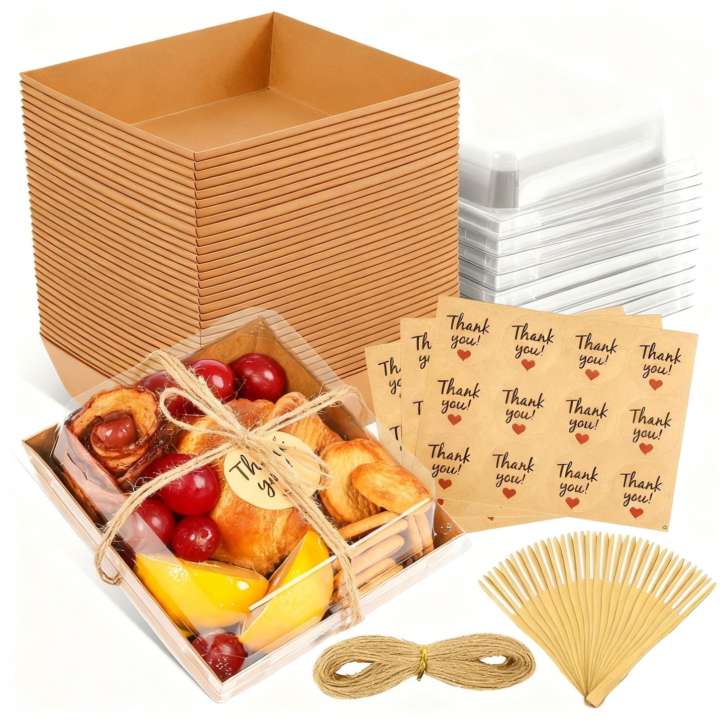 JPPSUJJ 50 Pack Charcuterie Boxes with Clear Lids, Paper Disposable To Go Small Food Containers, 5 Inch Dessert Boxes for Sandwich, Cookie, Cake Slice, Strawberries (Brown)
