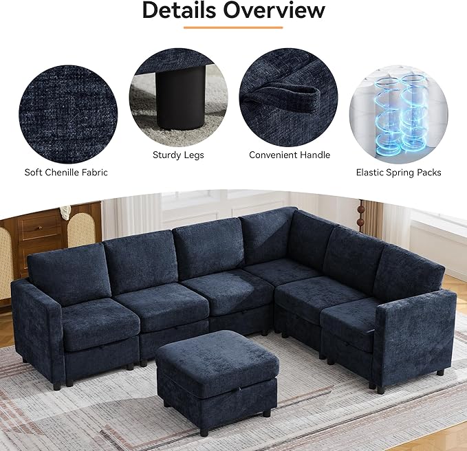 104'' V Shaped Modular Sofa, Sectional Couch with Storage for Living Room, Modern 7 Seater Cloud Sectional Couch with Movable Ottoman, Chenille Navy