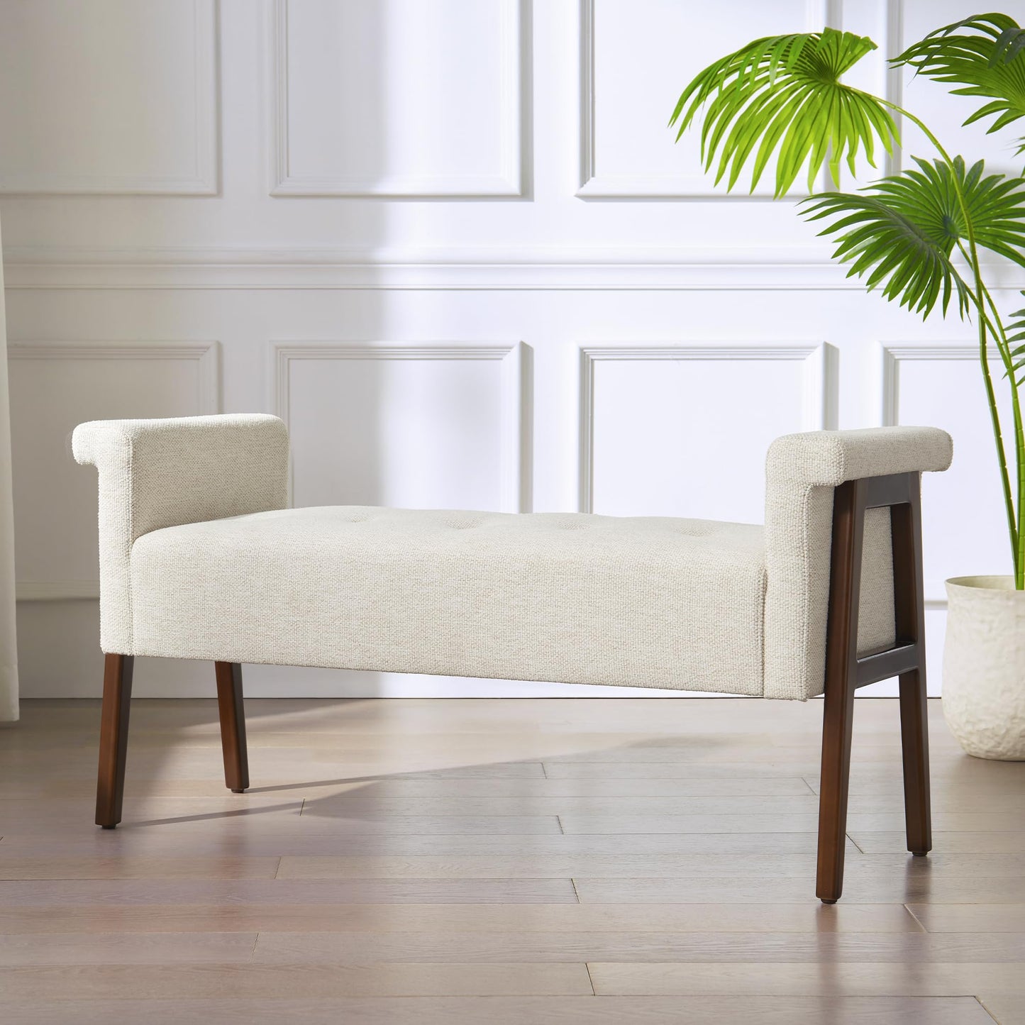 HUIMO Arms End of Bed Bench with Button Tufted Design, Indoor Bcench,Upholstered Entryway Bench and Solid Wood Legs for Bedroom,Hallway,Window Sill(Beige)
