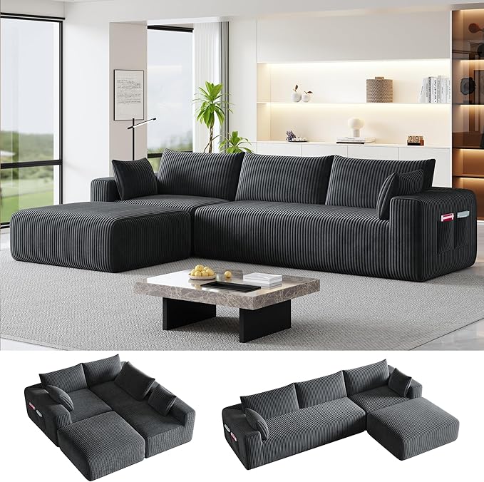 Domiqut 108" Cloud Couch Modular Sectional Sofa for Living Room,L-Shaped Boneless Couch with Deep Seat Chaise,No Assembly Required Foam Sleeper Sofa for Apartments,Plush Corduroy Fabric, Dark Gray