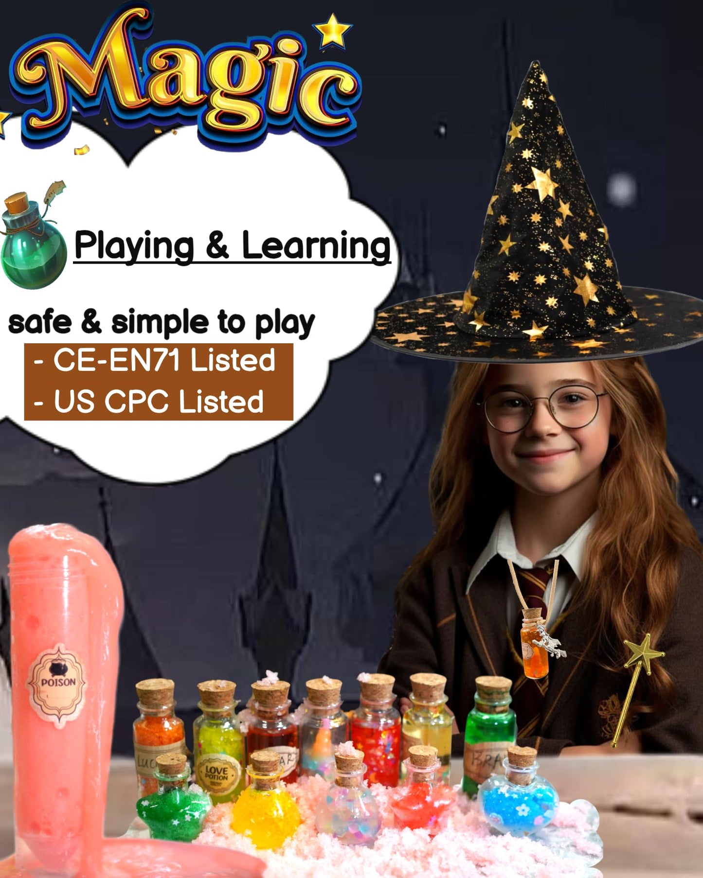 itsfairypro Potion Kits for Kids, Magic Making Set 50+ Mixies with Bottles Hat Glasses & Invisible Pen, Mystery Box Fairy Tricks Craft Toy for Girls Boy Gifts Age 6 7 8 9+