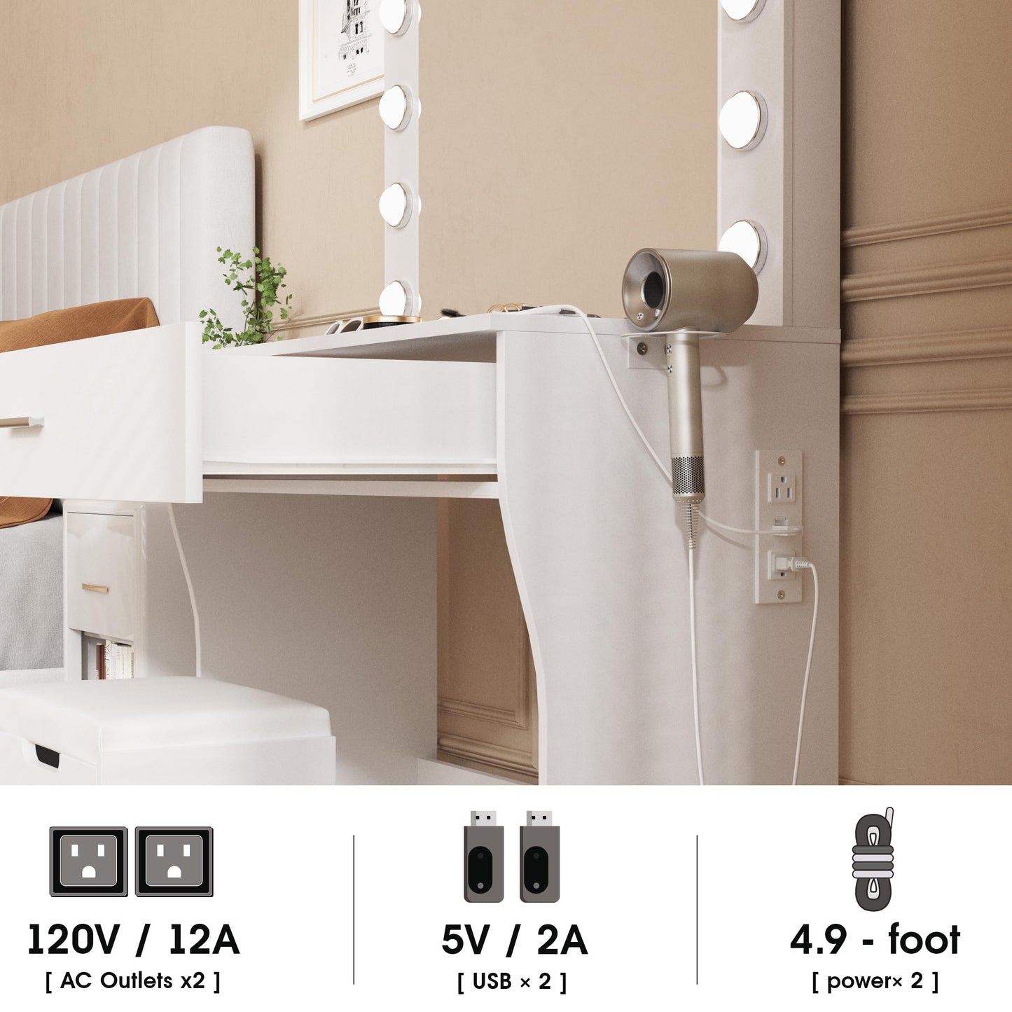 Vanity Desk with Lights, Makeup Vanity Desk with Lighted Mirror and Charging Station, ，3 Lighting Modes Adjustable Brightness,Makeup Vanity Set with Cushioned Chair