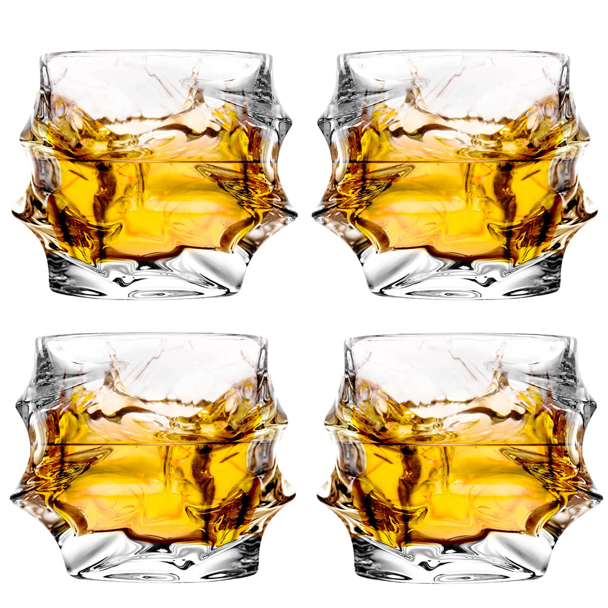 GLASKEY 12 oz Hand Blown Crystal Whiskey Glasses Set of 4, Unique Cognac Glass, Heavy Thick Bottom Bar Glass for Scotch Bourbon Rum Gin Water Cocktail,Gifts Men Gifts Ideas