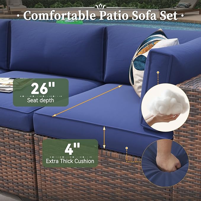 Aoxun 6 Piece Patio Furniture Set with Wide Armrests Wicker Rattan Outdoor Sectional Sofa Set with Coffee Table and Thickened Cushions, Brown/Blue(Waterproof Cover Included)
