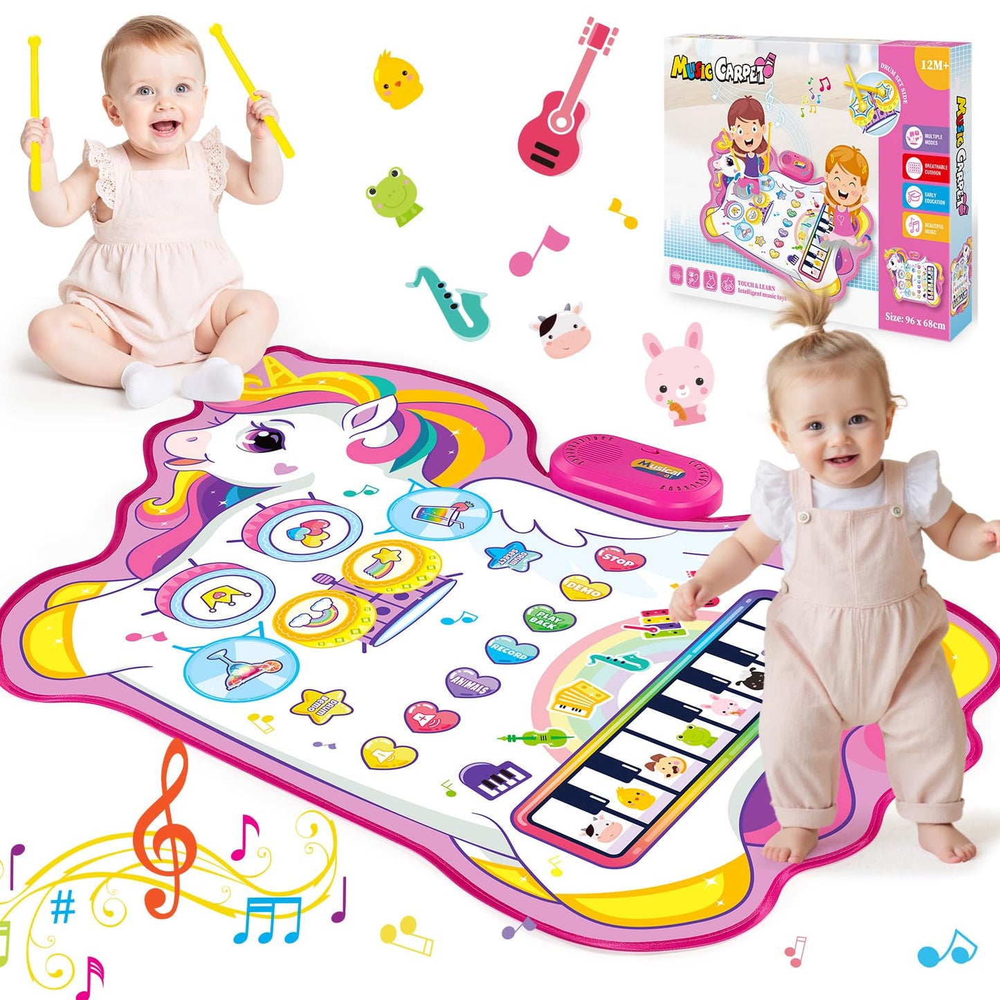 Unicorn Musical Mat for 1 2 3 Year Old Girls, 3 in 1 Piano Drum Mat Unicorn Gifts for 1-3 Year Old Girls, Toddler Toys 1st Birthday Presents for Kids Early Educational Music Toys