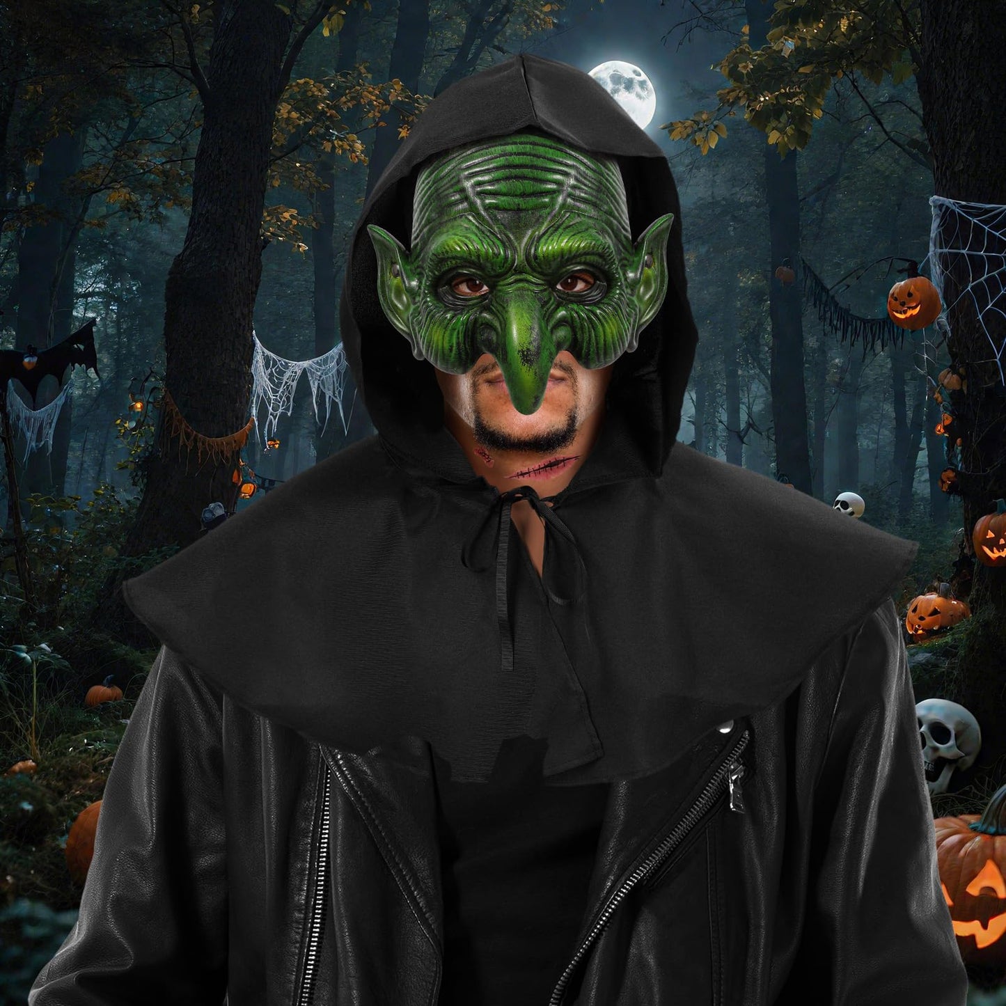 YUIQPKJX Old Witch Mask Adult Scary Masks Goblin Costume Accessory with Hood Sticker Halloween Mardi Gras Men Women Cosplay Props