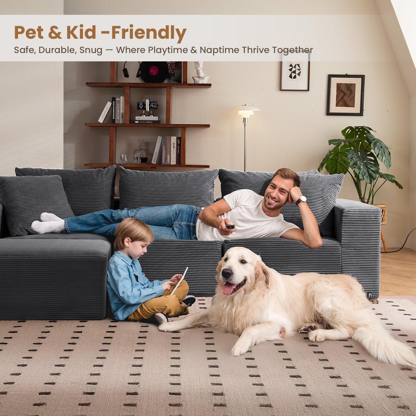 108" L-Shaped Boneless Couch, Modular Sectional Sofa with Moveable Ottoman, Corduroy Cloud Couches for Living Room, No Assembly, Ship in a Box, Ash Gray