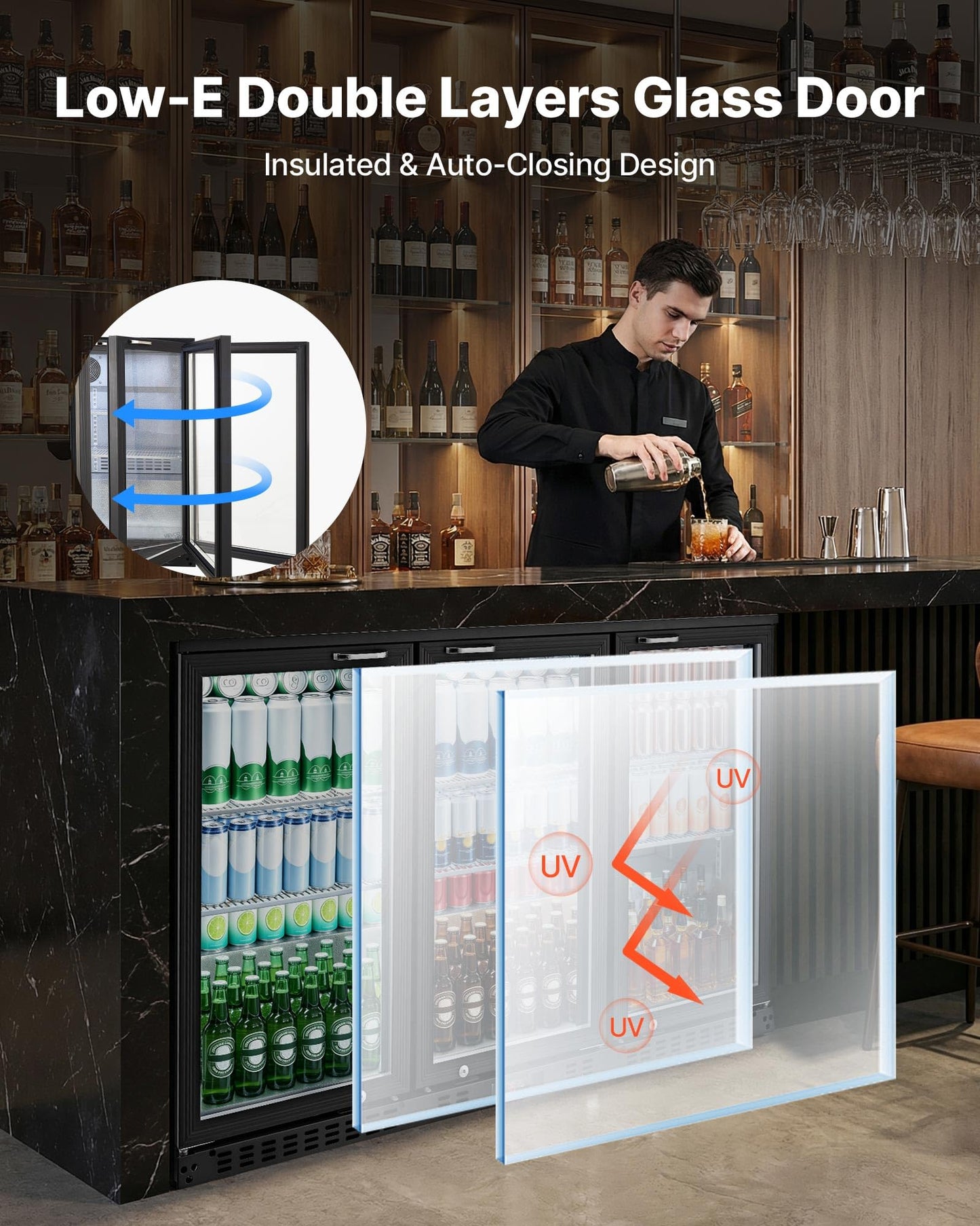 VEVOR Back Bar Cooler, 11.4 Cu.Ft Commercial Beverage Refrigerator with 3 Glass Door, Large Under Counter Fridge w/LED Lighting, Shelf, Low-E Glass Display Cooler for Store, Lobby, Restaurant, Pub