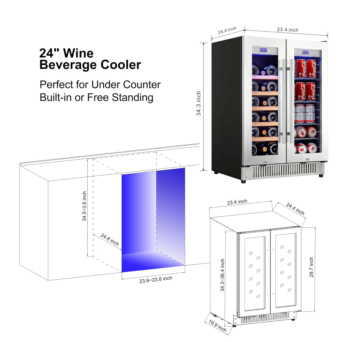 Cobalance 24 Inch Dual Zone Wine and Beverage Refrigerator-72 Cans and 20 Bottles Cooler, & Single Bottle Wine Chiller,Built-in or Freestanding Fridge for Beer, Soda, Drinks, Home,