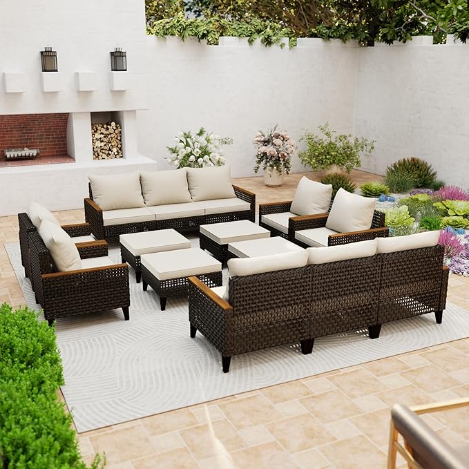 Xmkmvk 14 Piece Patio Sectional Sofa Furniture Set, All-Weather Wicker Rattan Outdoor Conversation Set with High Back and Thick Cushions, for Garden, Porch, Poolside, Beige