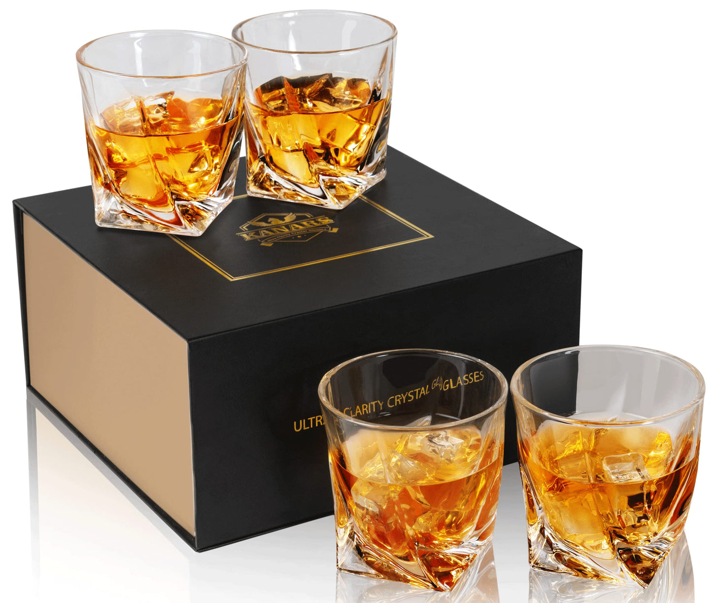 KANARS Whiskey Glasses Set of 4, 10 Oz Crystal Old Fashioned Cocktail Glass in Gift Box, Twisted Lowball Bourbon Tumbler for Scotch Whisky Cognac, Rock Barware for Men Gift