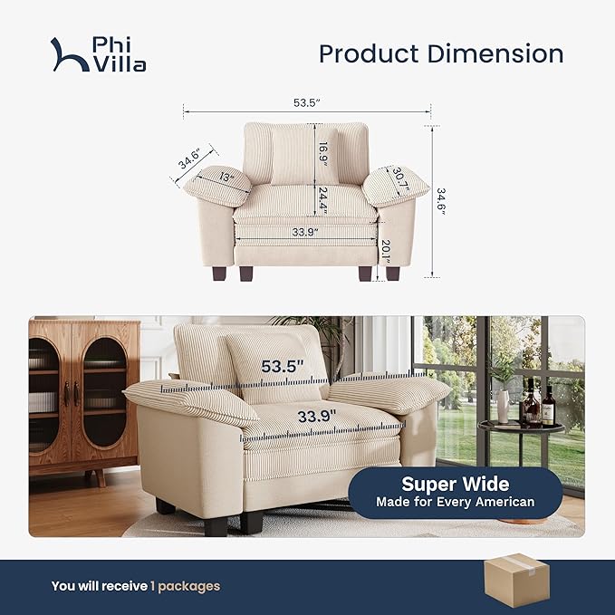 PHI VILLA Cloud Oversized Sectional Sofas, Single Sofa with Deep Seat for Living Room Reading Nook, Chenille Corduroy Dual Fabric, Beige