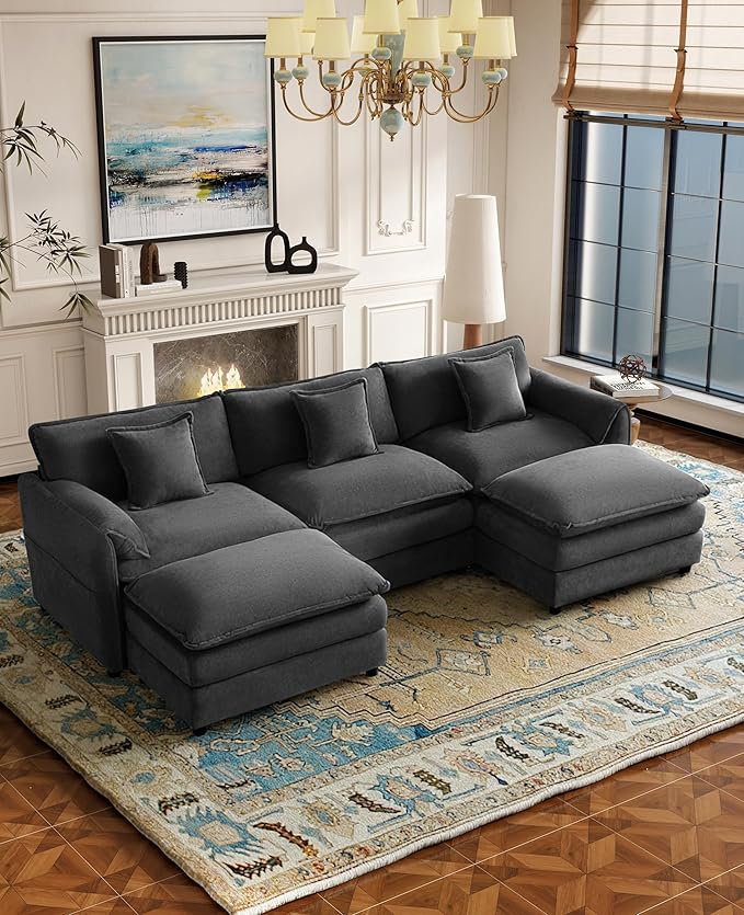 RENDGO 109" Modular Sectional Sofa with 2 Ottoman, Chenille Cloud Couch for Living Room & Apartment, Deep Seat Comfort, Flexible U-Shape Combination Sofa for Home & Office,Grey