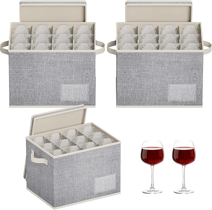Lifewit 3 Pcs Wine Glass Storage Box with Dividers, Stackable Cationic Hard Shell Stemware Organizer Case 24 Cells, Foldab...