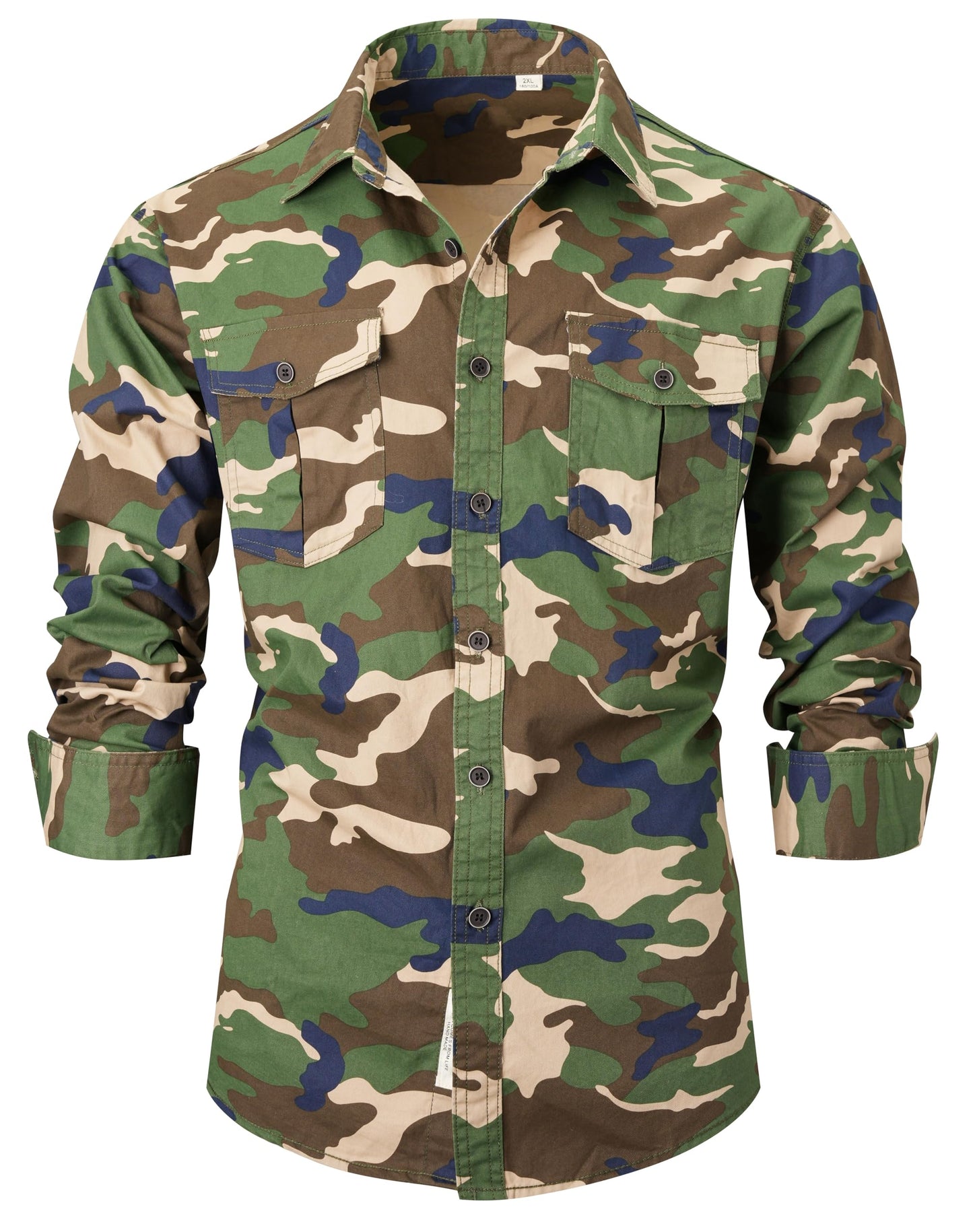 PAODIKUAI Men Camouflage Denim Shirt Camo Washed Military Long Sleeve Shirts Casual Button Down Shirts(Camou 1,S)