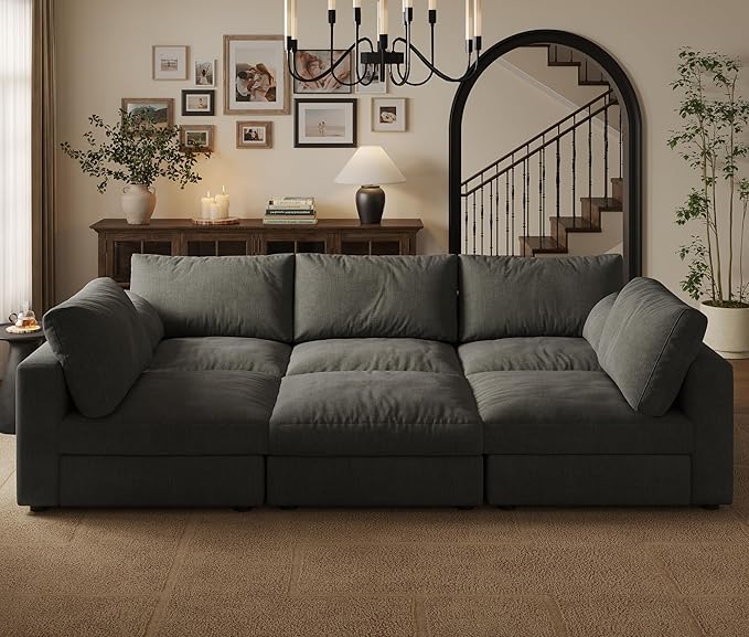 Cloud Modular Sectional Sleeper Sofa with Storage Ottoman, 99" Oversized Sectional Couches for Living Room, Cloud Modular Sleeper Sofa with Chaise, 6 Seater, Chenille, Dark Gray