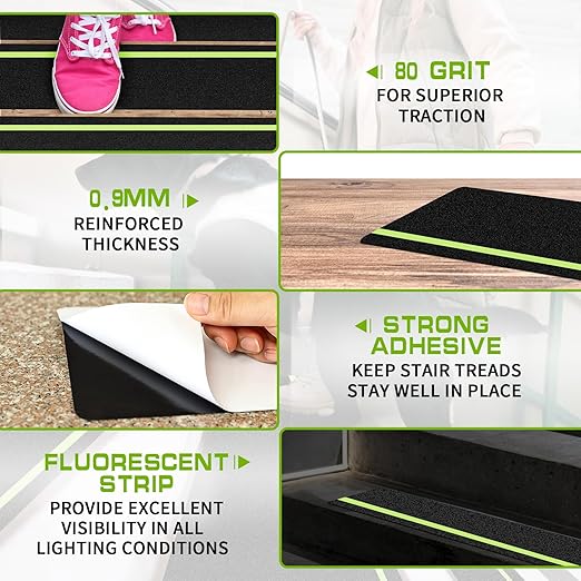 LadyRosian Outdoor Stair Treads Non Slip 5-Pack Black Glow 6" x 24" - Weather Resistant Adhesive Heavy Grip Tape - Waterproof Anti Skid Strips- Glow in The Dark 80-Grit Adhesive Treads