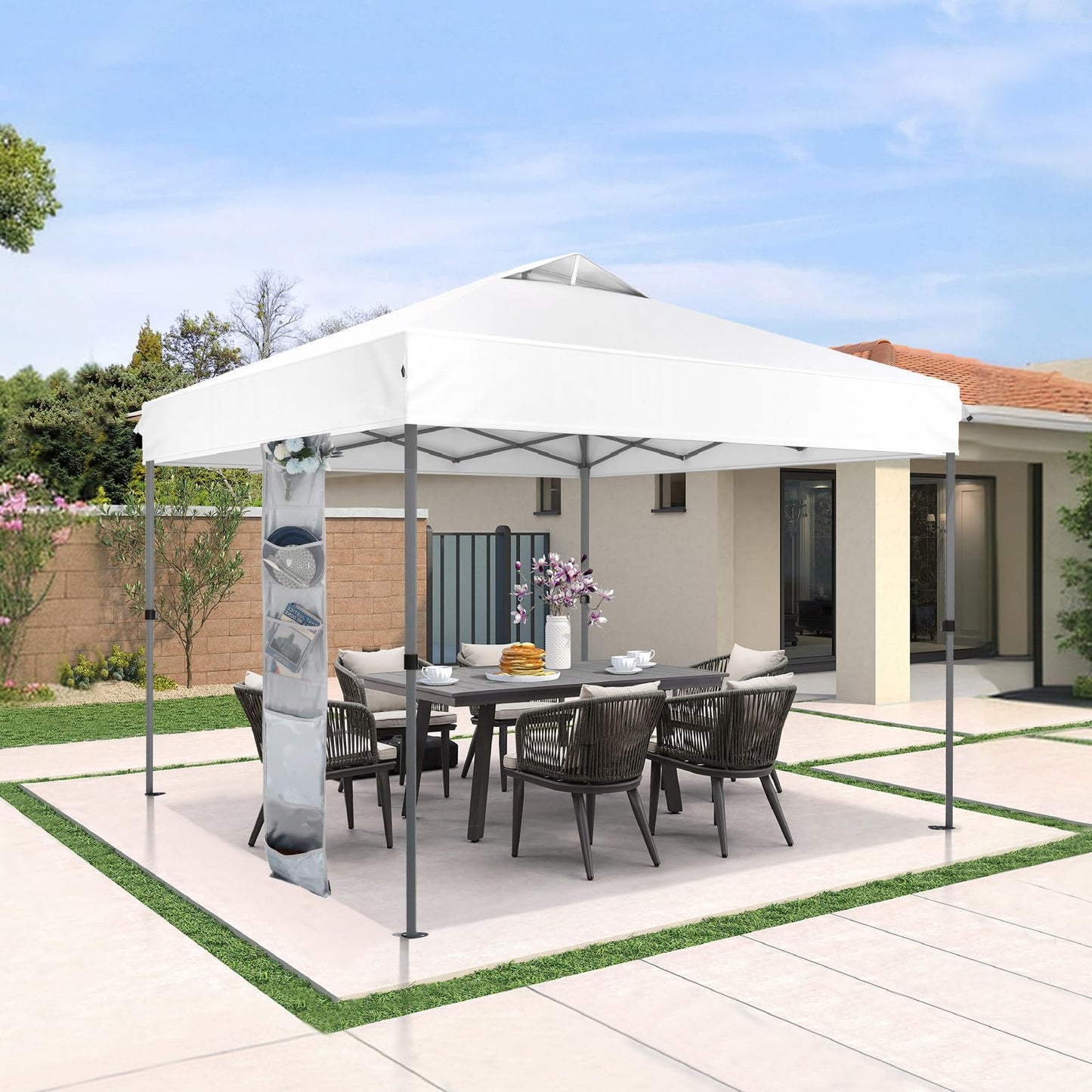 GREEN PARTY 10x10 ft Pop Up Canopy Tent, 1-Person Setup Instant Outdoor Canopy with Vented Top, Wheeled Carry Bag, 4 Ropes & 4 Sandbag -White