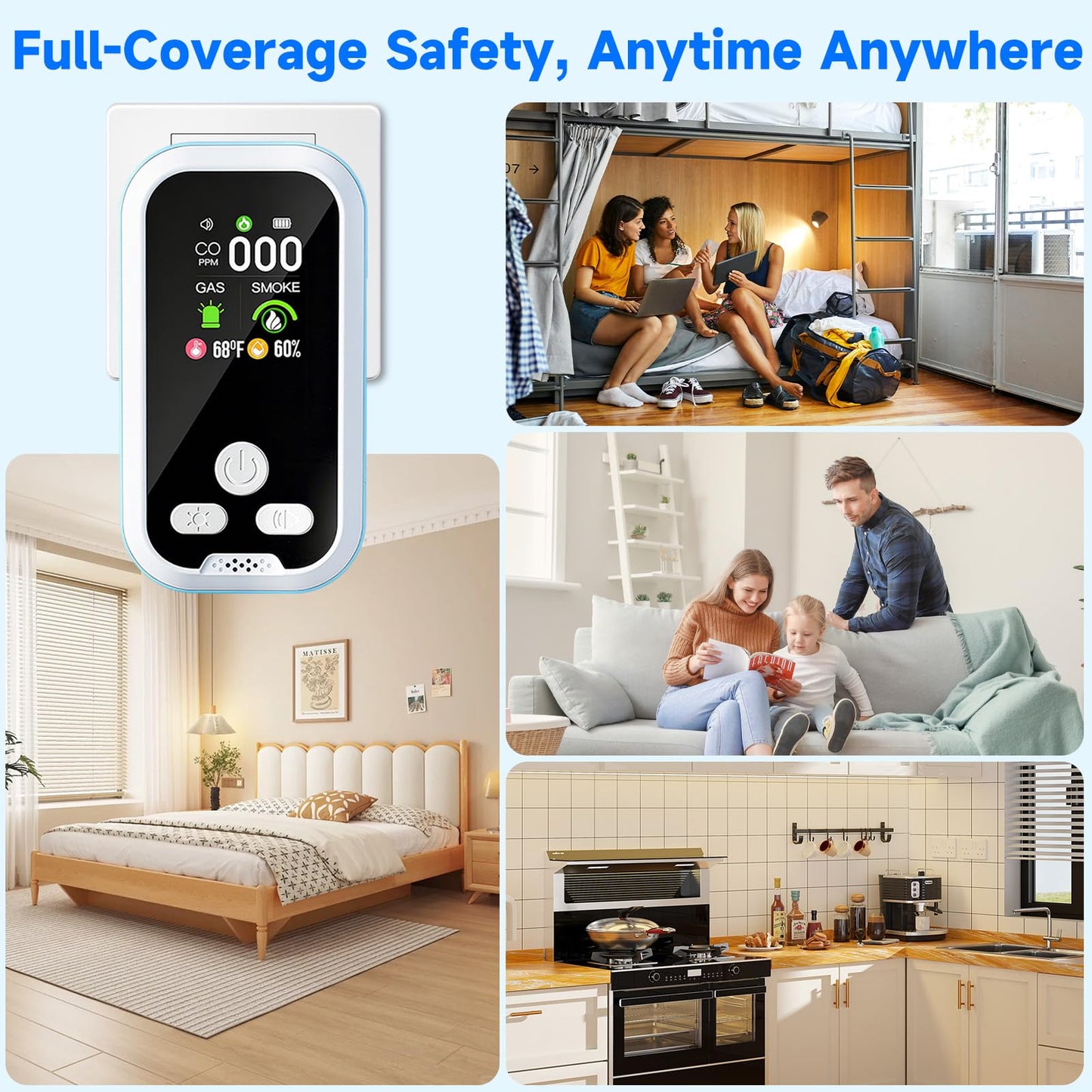 5-in-1 Carbon Monoxide Detector 2 Pack Combo with LCD Display, Detects CO, Natural Gas, Smoke, Temperature, Humidity for Home, Hotel, RV, Apartment Safety, Monoxide Alarm HD Screen