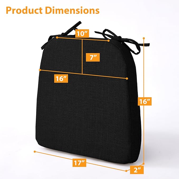 Ruqmuis Chair Cushions for Dining Chairs, 2" Thick Seat Cushions for Kitchen Chairs, D-Shaped Chair Pads with Washable Cover, Ties and Non Slip Backing, 17'' x 16'', Set of 4, Black