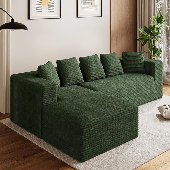 Modular Sectional Sofa, 107" L Shaped Cloud Couch Plush Corduroy Deep Seat Boneless Sofas with 5 Pillows Long Chaise Lounge Couches Memory Foam for Living Room - Green, Left Facing Chaise