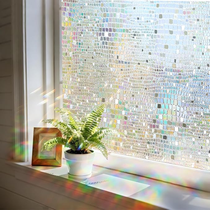 Windimiley Rainbow Window Privacy Film, 3D Stained Glass Christmas Decorative Window Clings, UV Heat Blocking Holographic Prism Stickers for Home(23.6 x 157.5In,Pure)
