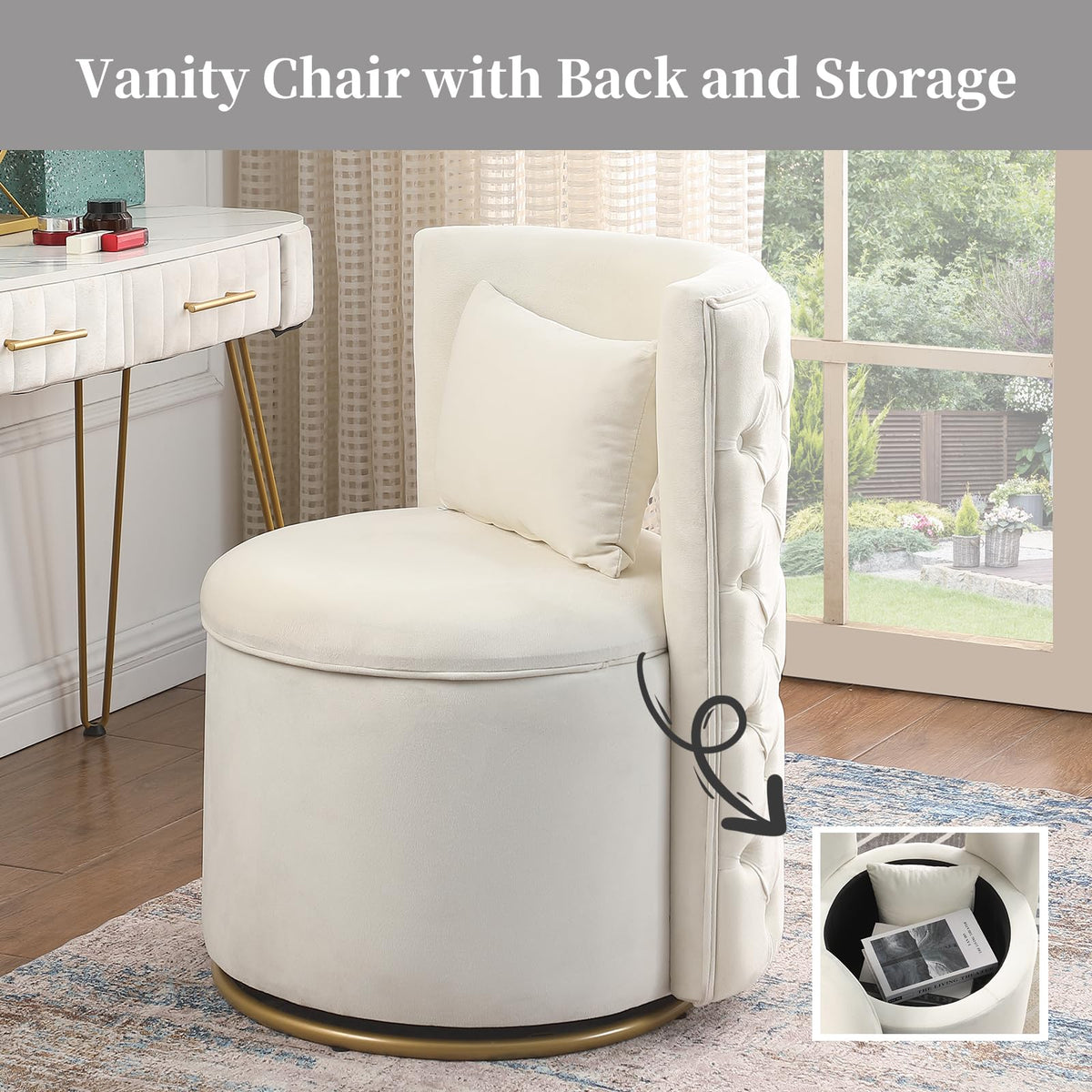 Tassullo Swivel Chair with Storage for Living Room, Round Velvet Vanity Chair with Tufted Button Back, Pillow Included (Beige)