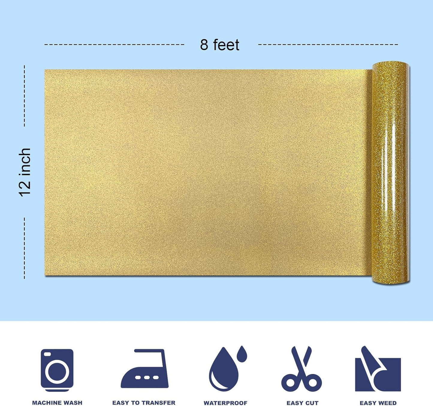 Golden Glitter HTV Heat Transfer Vinyl, 12" x 8ft lron on Vinyl, for T-Shirt Ironing, Vinyl HTV Easy to Cut and Weed, The Best Choice for DIY Creativity. (Golden, 12" x 8ft)