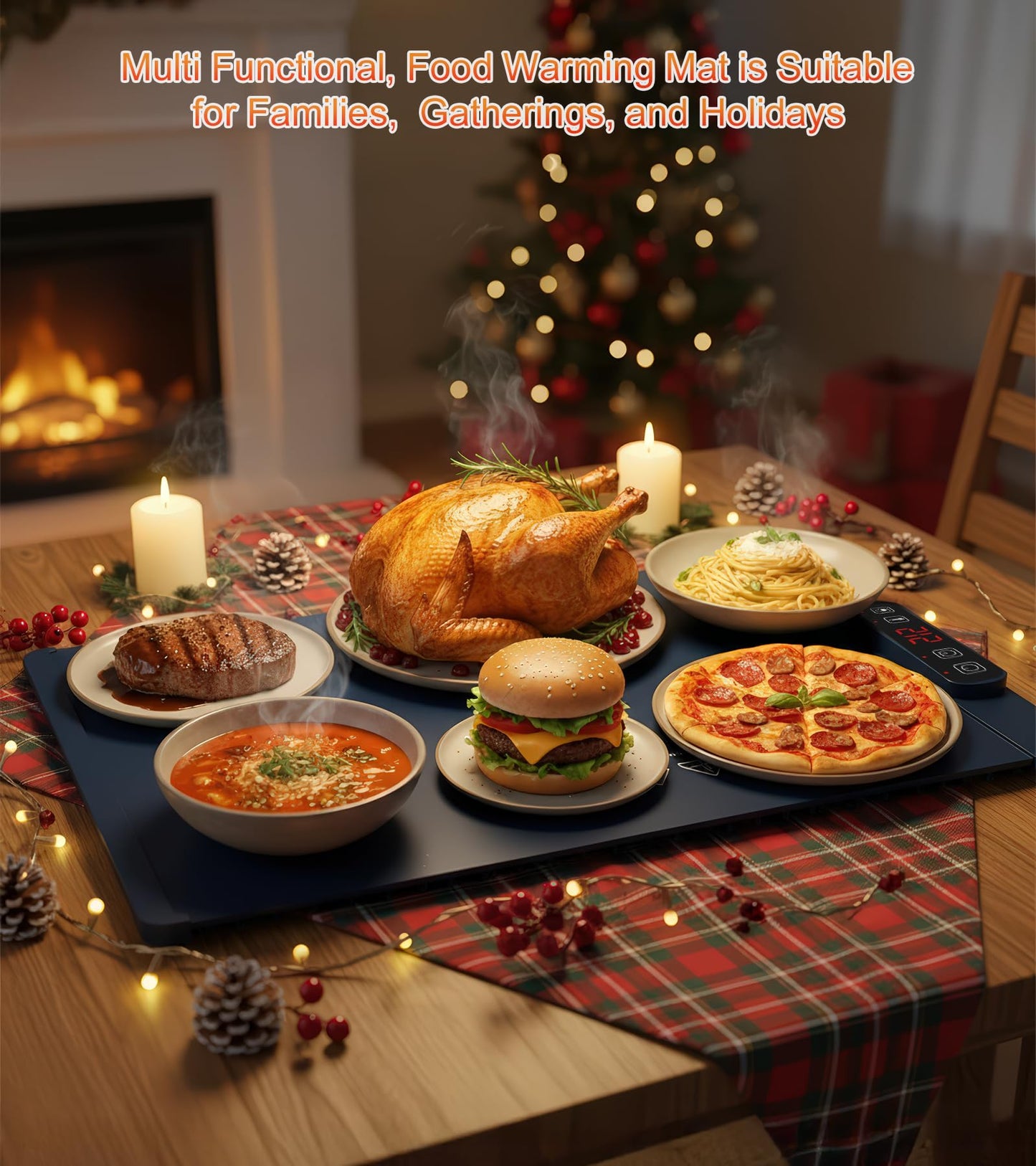 Warming Mat for Food, Food Warming Mat, 10-Second Rapid Heating Silicone Electric Tray, 5 Temperature Settings and 1-4 Hour Adjustable Timer, Foldable Portable Food Warmer, for Gatherings and Parties