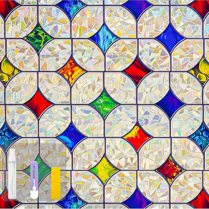 QHY Sunshine Colorful Rainbow Stained Glass Window Film Non-Adhesive Window Privacy Film Reusable Decorative for Room (Rainbow Mosaic, 17.5 X 78.7 in)