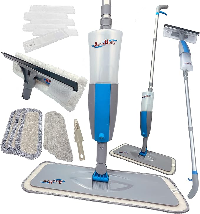 Spray Mop Kit for Floor Cleaning Plus Extra Spray Window Washing Squeegee Set, with 12 Washable Microfiber Pads, Dry & Wet Use for Hardwood Laminate Wood Marble Ceramic Tile, Window or Car Cleaning