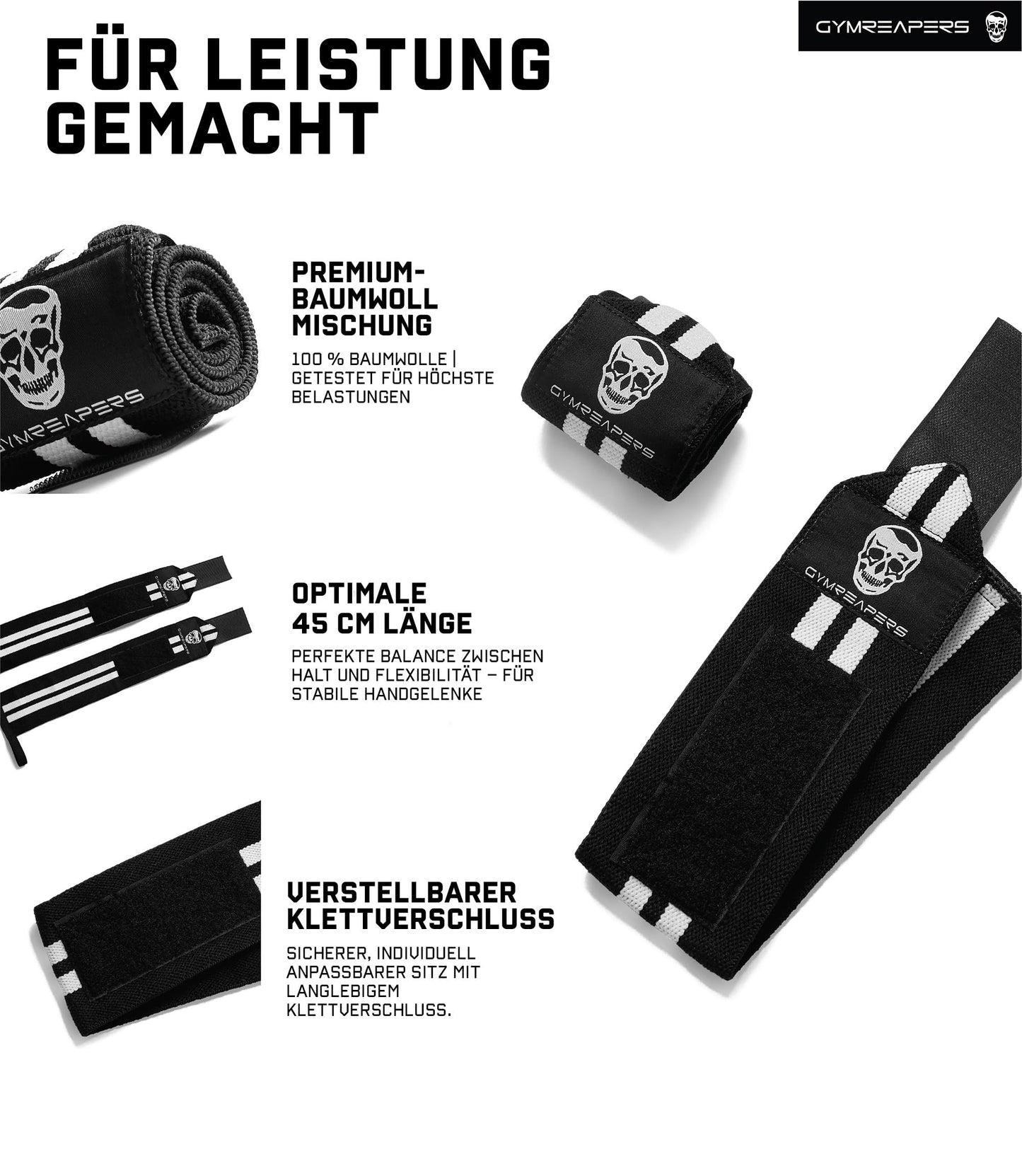 Gymreapers Weightlifting Wrist Wraps (Competition Grade) 18" Professional Quality Wrist Support with Heavy Duty Thumb Loop - Best Wrap for Powerlifting, Strength Training, Bodybuilding(White,18")