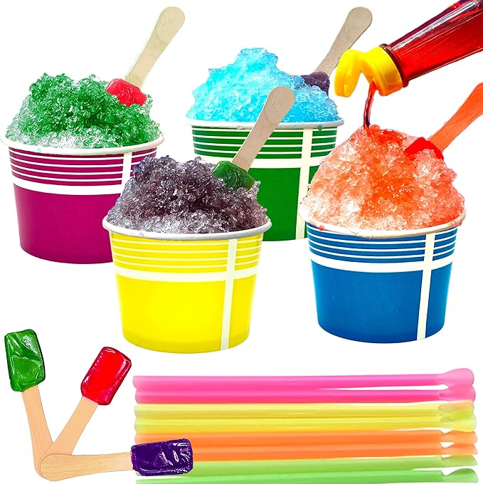 140 Piece Multi-Colored Snow Cone/Shaved Ice Kit - Includes 40 (12oz) Yellow, Pink, Green and Blue Cups, 50 Candy Spoons, ...