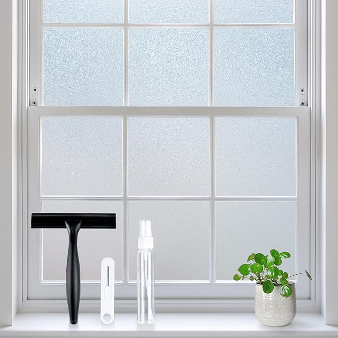 rabbitgoo Frosted Glass Window Privacy Film, No Glue, Anti-Glare Heat Blocking, Easy to Install, Renter Friendly Removable Opaque Bathroom Window Clings for Glass, 35.4 by 78.7 inch
