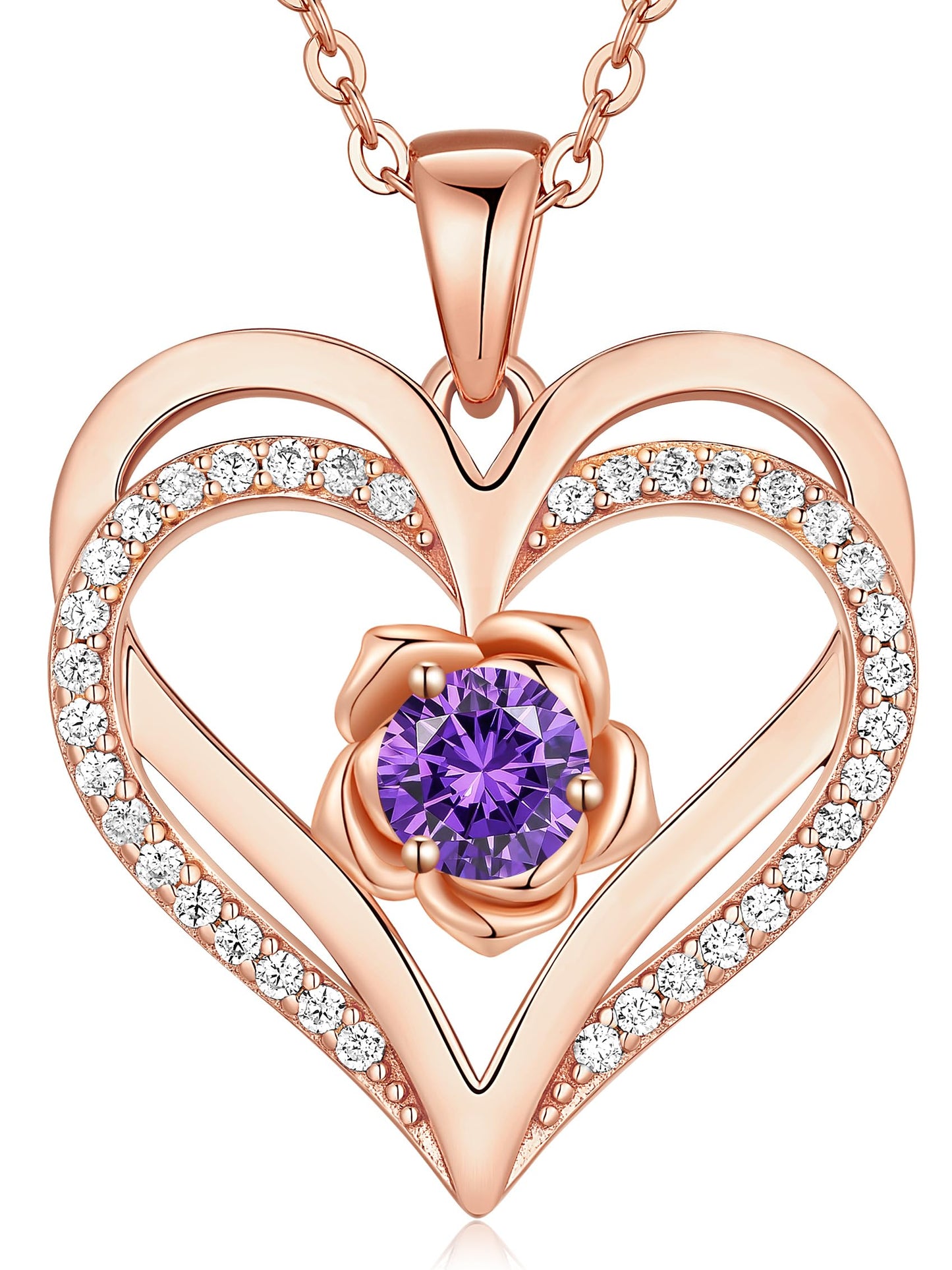 CDE Rose Flower Love Heart Birthstone Necklaces for Women 925 Sterling Silver Rose Gold Jewelry for Wife Girlfriend Mom Daughter Lady Her for Anniversary Birthday Christmas Gift (Rose Gold-02-Feb.)