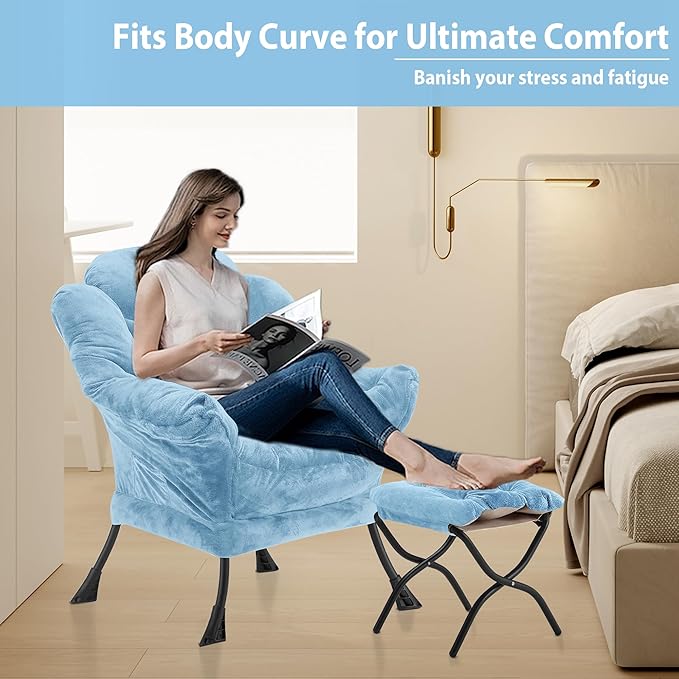 Youtanic Lazy Chair with Folding Ottoman, Accent Chair Plush Upholstered with Metal Structure and Non-Slip Pads, Sofa Armchair with Footrest and Side Storage Bag for Dorm, Room, Office, Blue