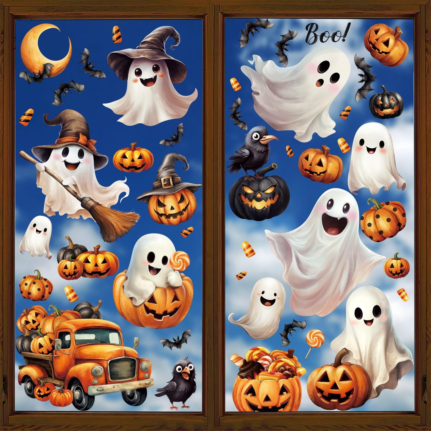 LOAVER 8 Sheets Halloween Ghost Window Cling Stickers,Spooky Ghost Pumpkin Bat Boo Window Clings for Halloween Fall Party Indoor Glass Decor