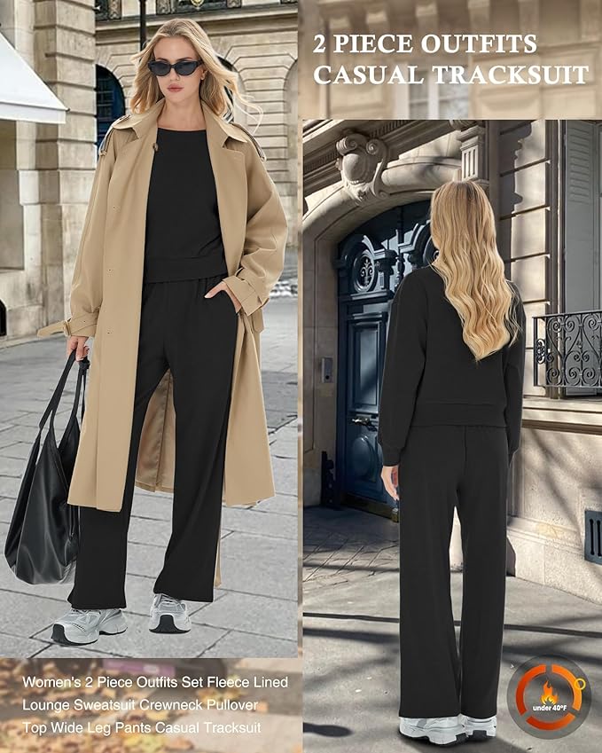 Sweetyweee Women's 2 Piece Outfits Set Fleece Lined Lounge Sweatsuit Crewneck Pullover Top Wide Leg Pants Casual Tracksuit