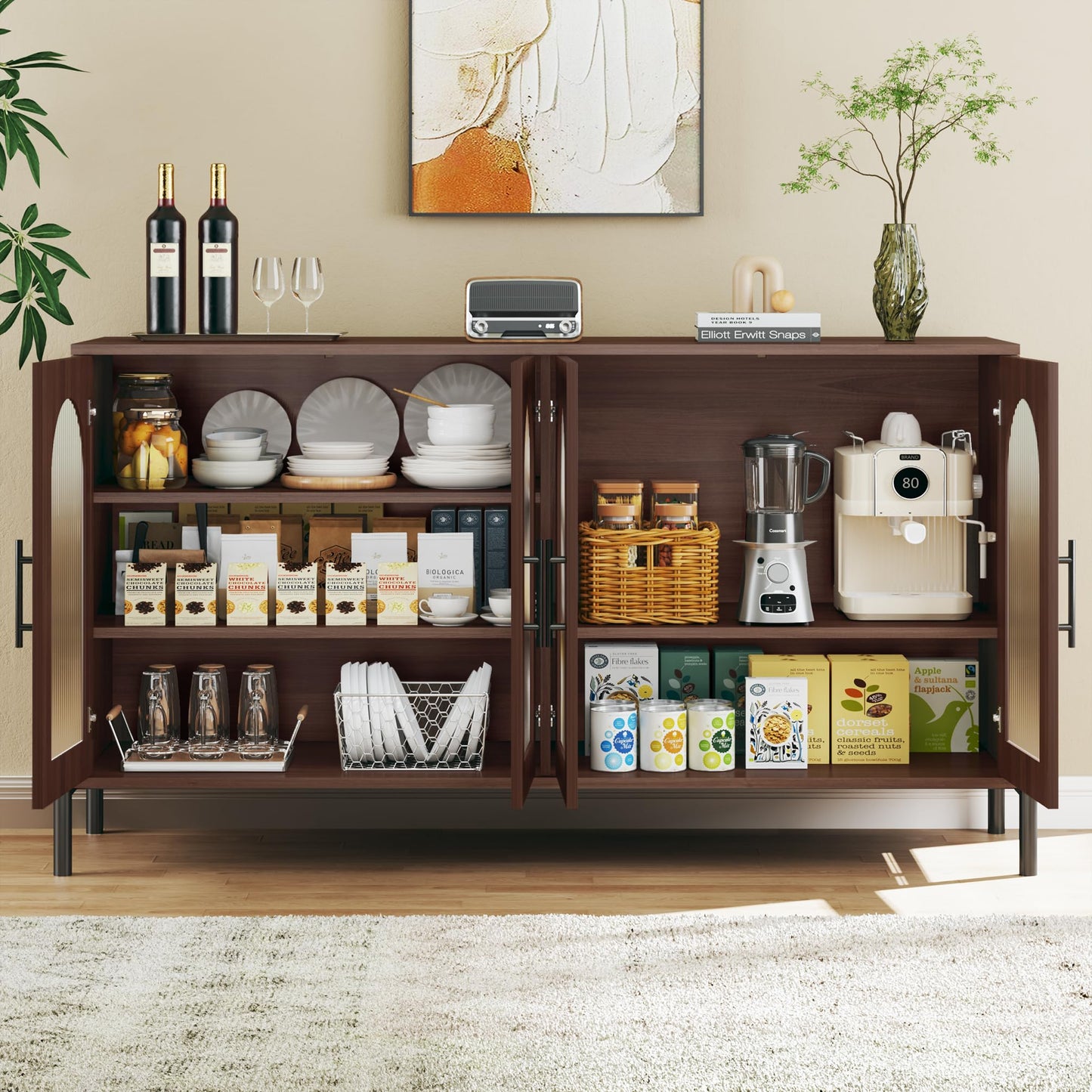 HUAHUU Sideboard Buffet Cabinet with Storage, 55" Modern Sideboard Cabinet with 4 Fluted Arcylic Doors & Adjustable Shelves, Wood Buffet Console Table for Living Room, Kitchen, Dark Walnut