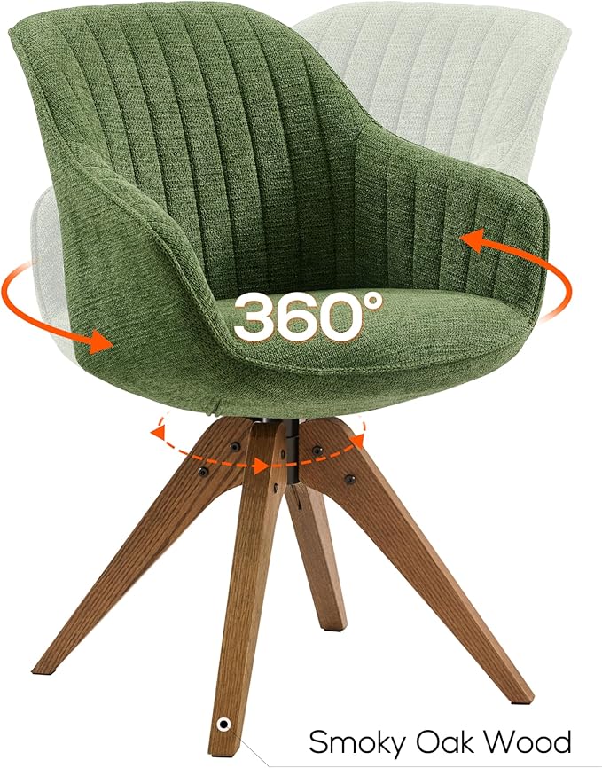 Art Leon Swivel Dining Chair - Mid Century Modern Fabric Upholstered Kitchen Dining Room Chair with Oak Wood Legs, Leisure Side Chair with Arms for Living Room, Green