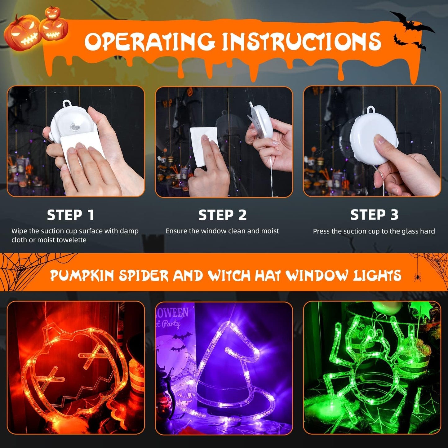 LOLStar Halloween Decorations 3 Pack Orange Pumpkin Green Spider Purple Witch Hat Window Lights with Suction Cup Battery Operated Slow Fade Timer Function Halloween Lights for Window Decor