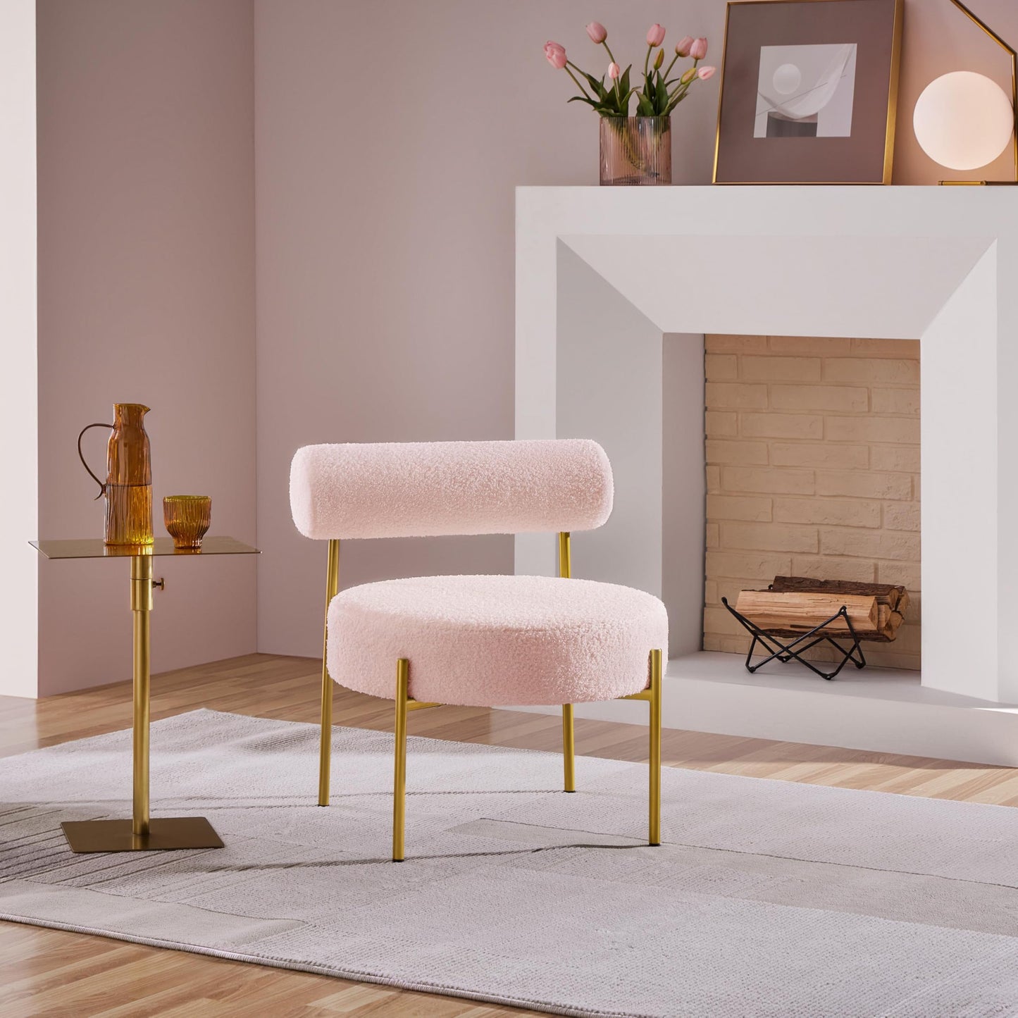 Topeakmart Modern Vanity Chair, Boucle Fabric Accent Chair with Gold Metal Legs for Living Room Makeup Room, Pink