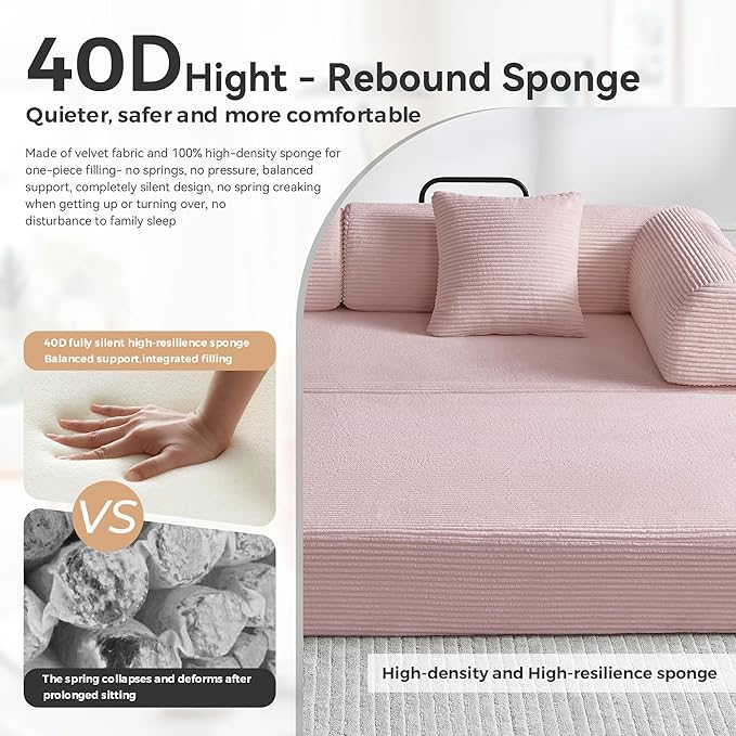 ZQRhome 79" 5-in-1 Convertible Sofa Bed, Luxe Sleeper with Reinforced Frame & Plush Support, No Assembly Corduroy Couch for Lounge, Bedroom & Dorm, Pink