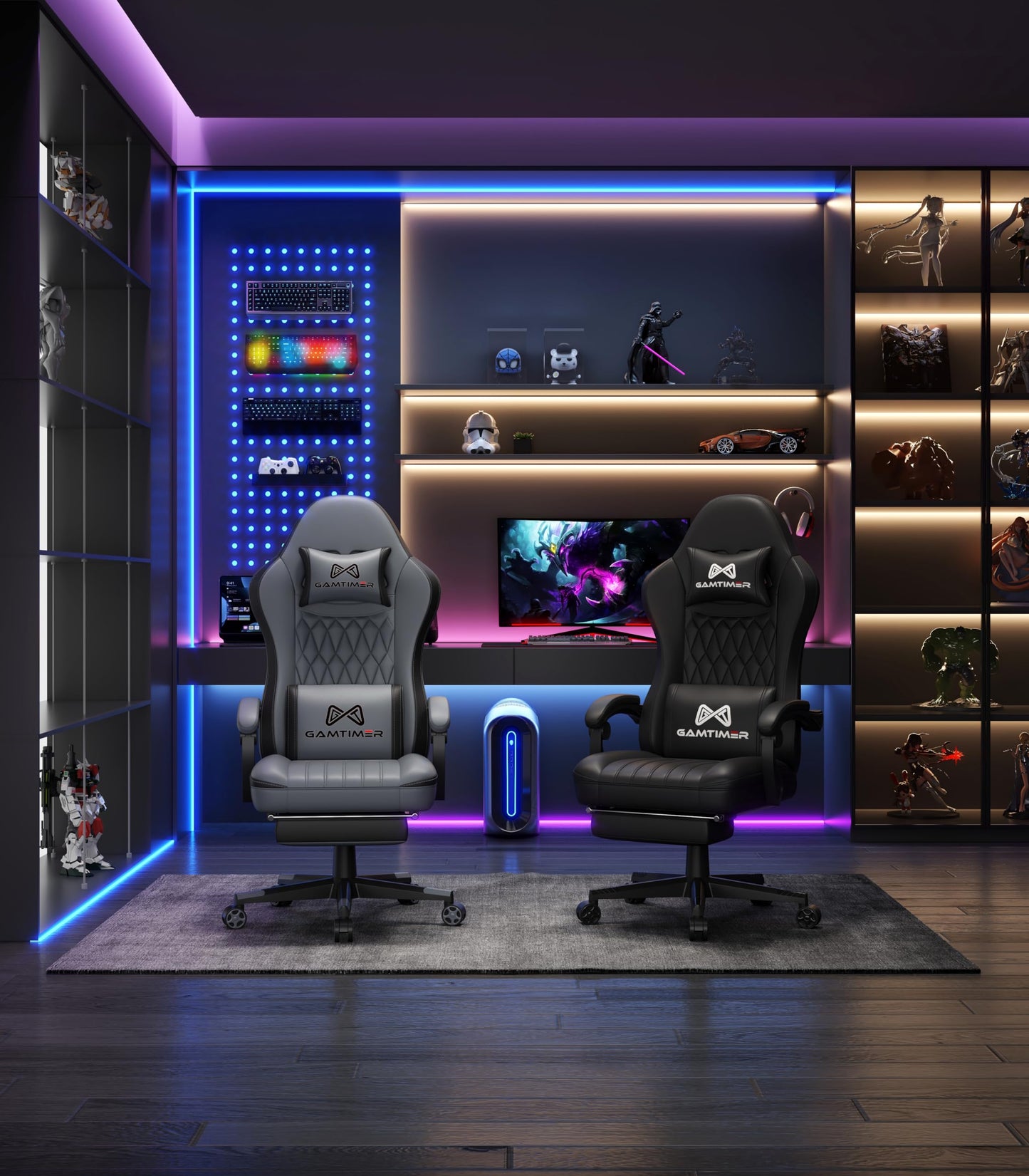 Gaming Chair with Footrest, Ergonomic Computer Chair, PU Breathable Material with Headrest and Lumbar Support, Suitable for Silla Gamer and Adults (Grey)