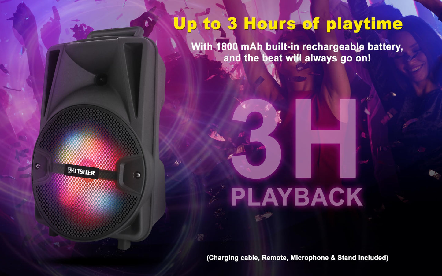 Fisher Portable Bluetooth Wireless Speaker System: 8" Subwoofer 20W Peak Power w Loud HD Bass Sound & LED Lights, Rechargeable, Karaoke, TWS Pairing, USB Port, FM Radio, Speaker Stand