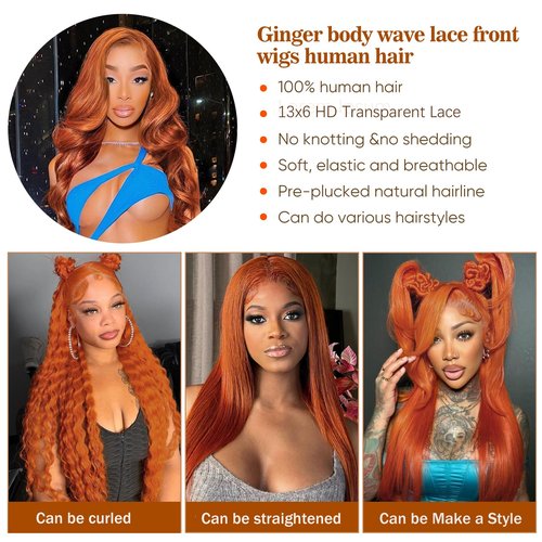 Ginger Lace Front Wig - 13x6 HD Body Wave, Pre Plucked with Baby Hair, 180 Density, Glueless Orange 24 Inch
